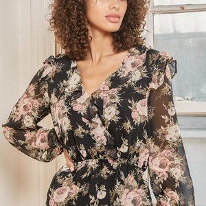 Lulu's Black Floral Ruffled Long Sleeve Top